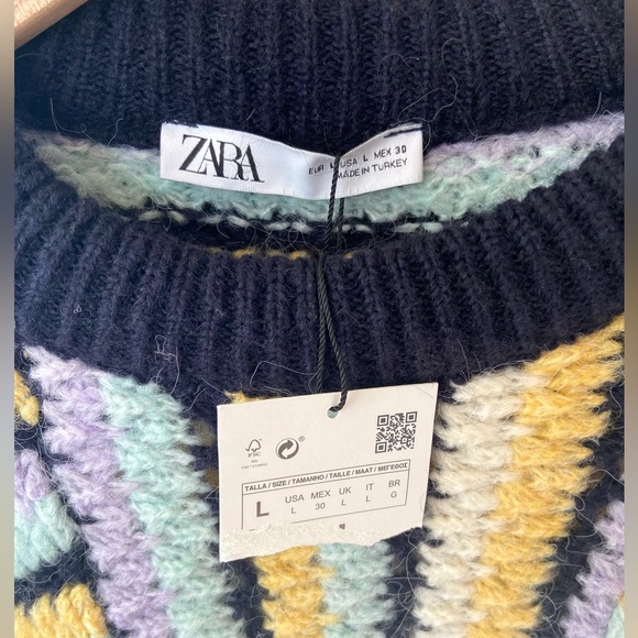 L ๐ ZARA Striped Knit Sweater Round Neck Multicolored Yellow Navy Purple - Picture 10 of 15